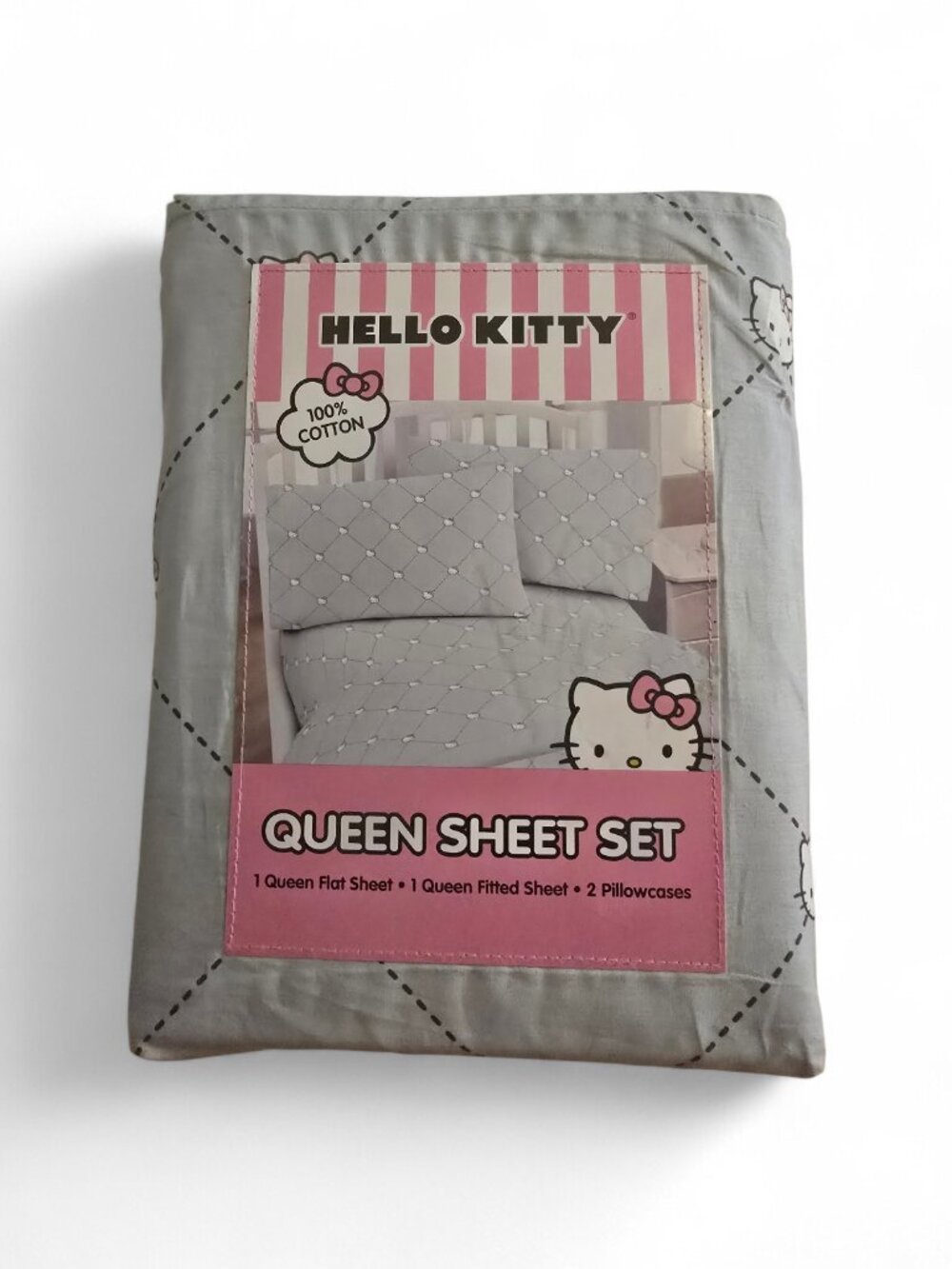 Hello Kitty Queen Sheet Set Sanrio 4PC Bedding Set Pink Gray 100% Cotton New